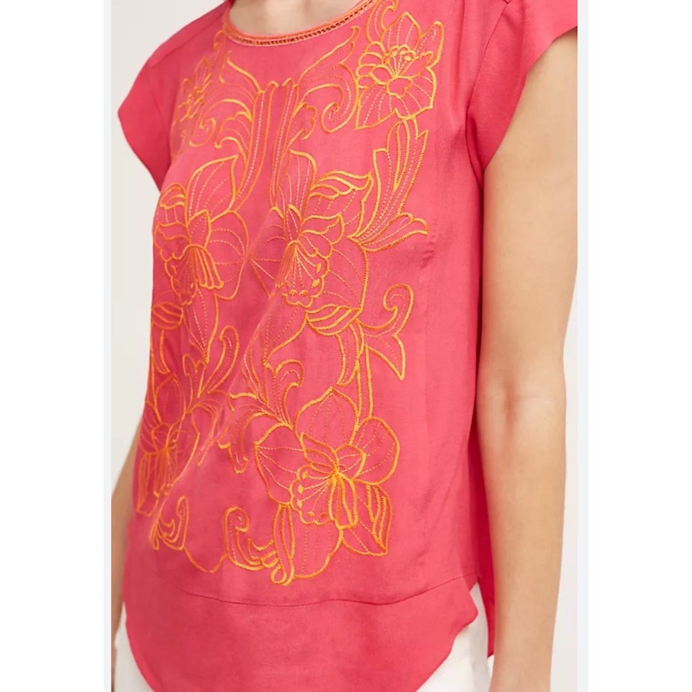 Maeve by Anthropologie Embroidered Floral Blouse Pink Cap Sleeve Top Size 0‎